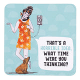 Drinks coasters with illustration of a woman in an orange dress with a dog, holding a phone, on a light blue background.
