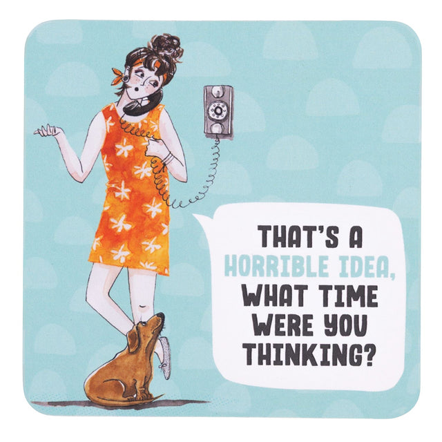 Drinks coasters with illustration of a woman in an orange dress with a dog, holding a phone, on a light blue background.