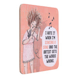 Drinks coasters with illustration of a person singing and humorous text on a pink background