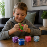 Gel-filled Graffiti Cube sensory fidget toy with colourful graffiti pattern and slow-rise squishy texture