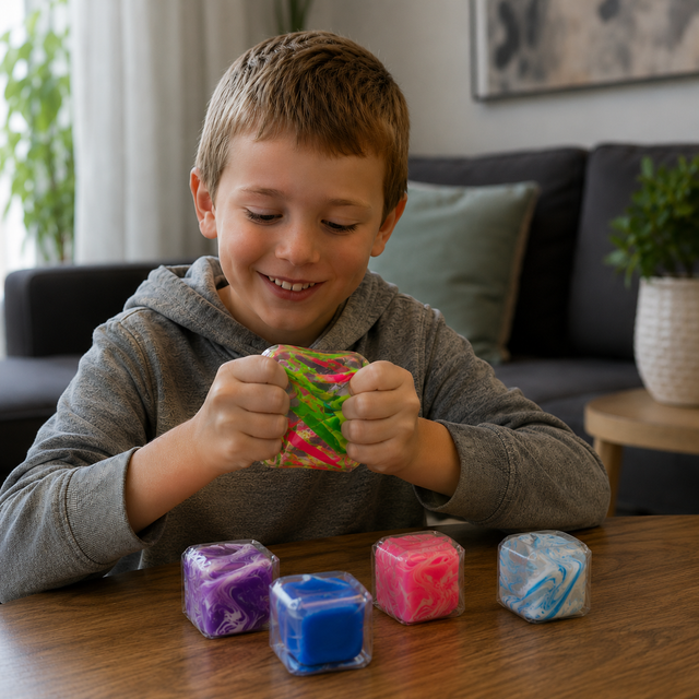 Gel-filled Graffiti Cube sensory fidget toy with colourful graffiti pattern and slow-rise squishy texture