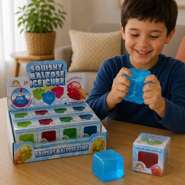 Gel-filled ice cube sensory squishy with a soft squeezable texture in assorted translucent colours for tactile play and fidgeting