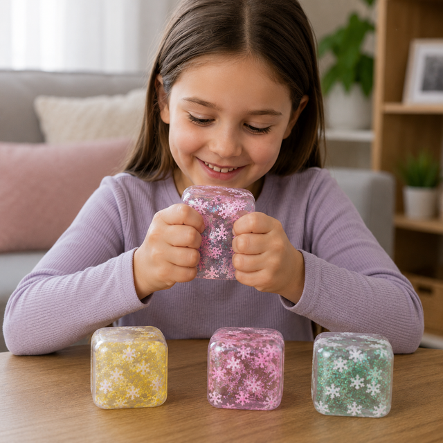 Gel-filled Snowflake Cube sensory fidget toy with frosted snowflake pattern and slow-rise squishy texture