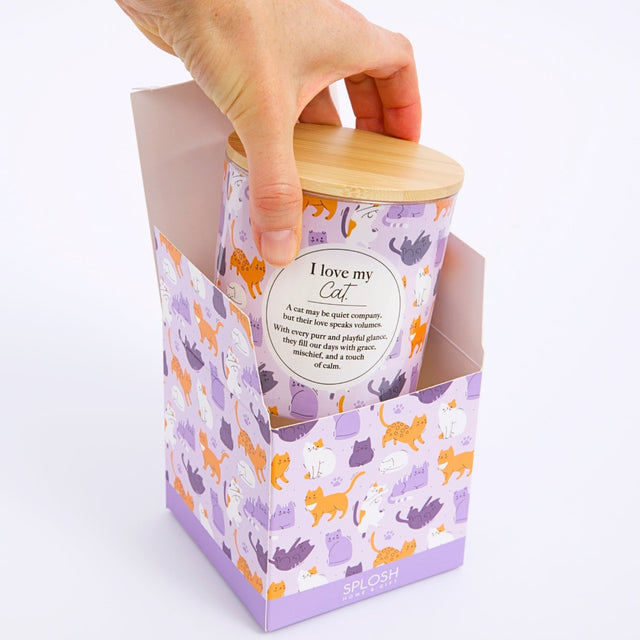 Splosh scented candle gift for cat lover with playful cat print