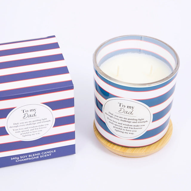 Scented candle gift for Dad with blue striped design and wooden-style lid