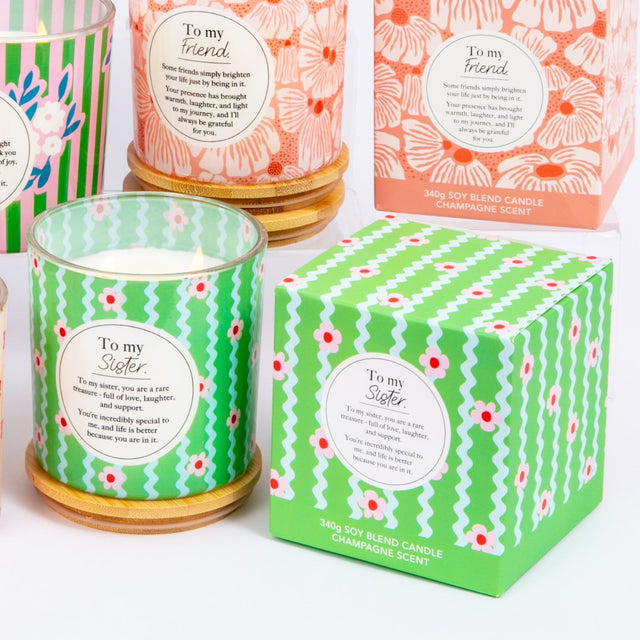 Scented candle gift for sister with floral design and wooden lid