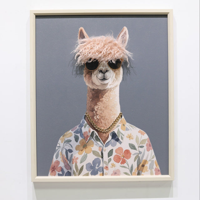 Gleneagles alpaca 3D canvas wall art featuring a stylish alpaca wearing sunglasses and floral shirt in a framed canvas