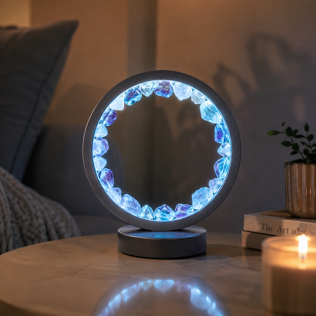 Gleneagles Blue Fluorite crystal lamp creating vibrant blue ambient LED lighting