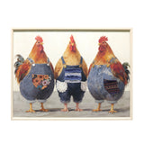 Gleneagles chickens 3D canvas wall art featuring three chickens wearing overalls in framed farmhouse artwork
