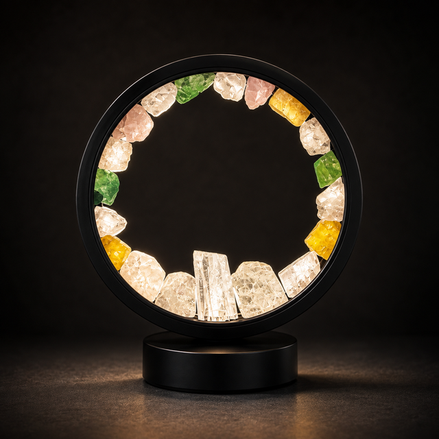 Gleneagles mixed crystal lamp with natural minerals, LED lighting and black circular frame