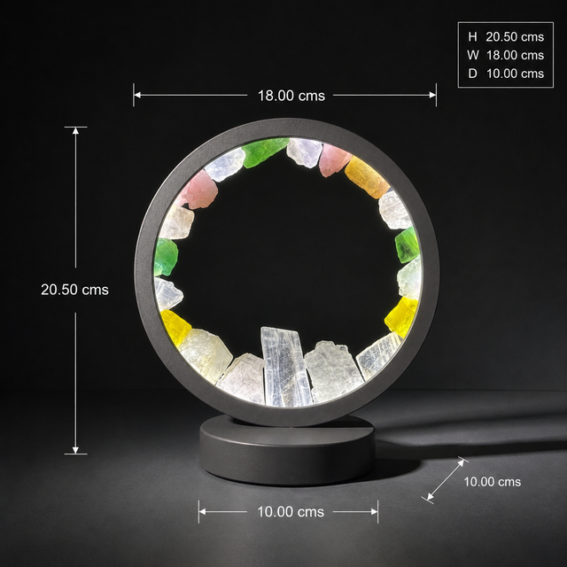 Colourful mixed and clear crystals illuminated inside Gleneagles Circle Earth Lamp
