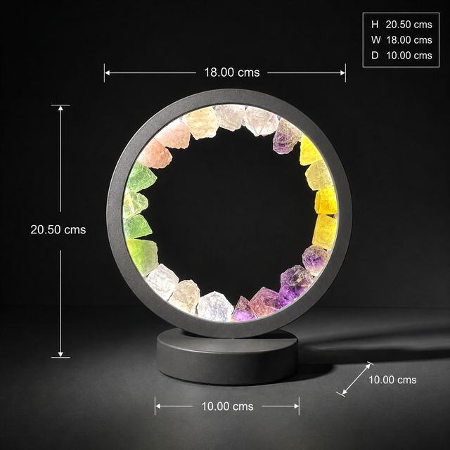 Colourful mixed crystal pieces illuminated inside Gleneagles Circle Earth Lamp