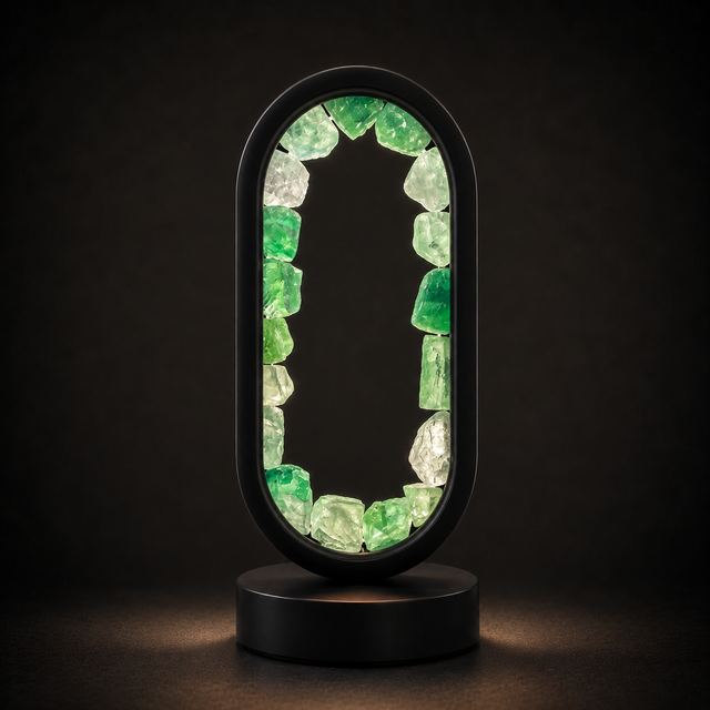 Gleneagles Green Fluorite crystal lamp with LED lighting and black oval frame