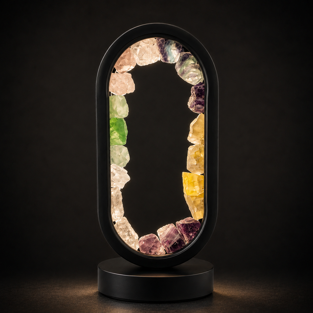 Gleneagles mixed crystal lamp with natural minerals, LED lighting and black oval frame