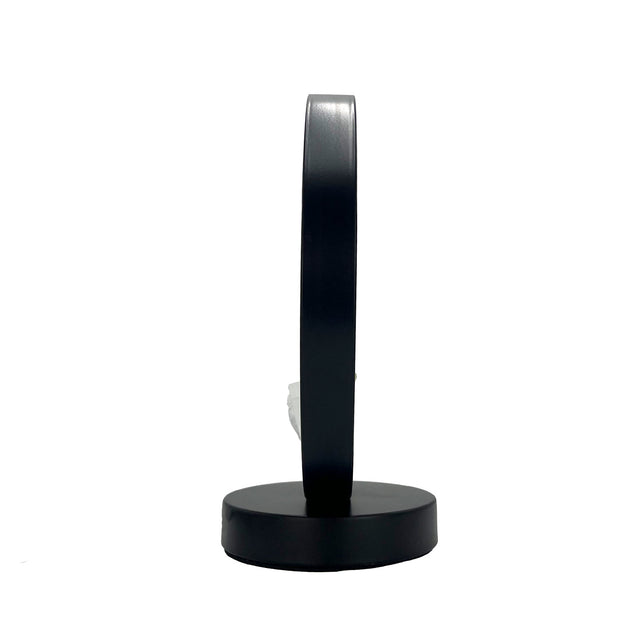 Side view of the Gleneagles Circle Earth  Mixed Mineral Lamp, displaying the sleek circular frame and gentle LED glow illuminating the crystal.