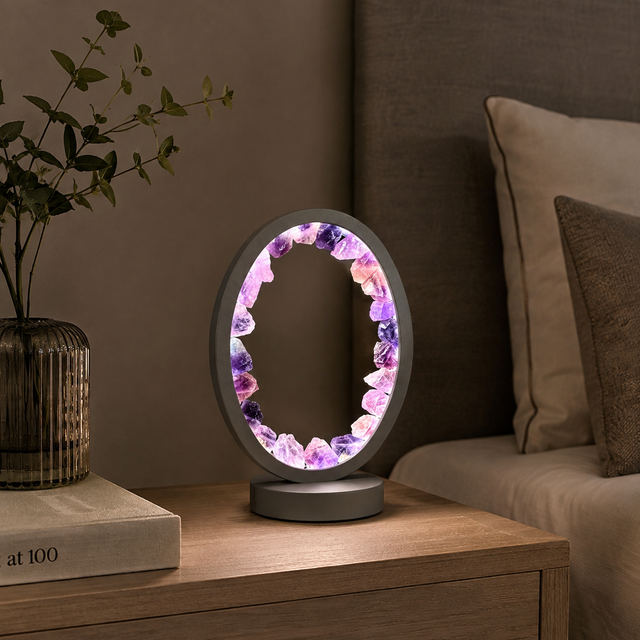 Gleneagles Oval Earth LED Lamp with Purple Fluorite crystals and grey frame