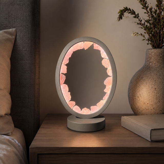 Gleneagles Oval Earth LED Lamp with Rose Quartz crystals and grey frame