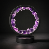 Gleneagles Purple Fluorite crystal lamp with LED lighting and black circular frame