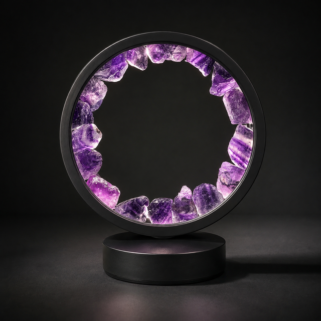 Gleneagles Purple Fluorite crystal lamp with LED lighting and black circular frame