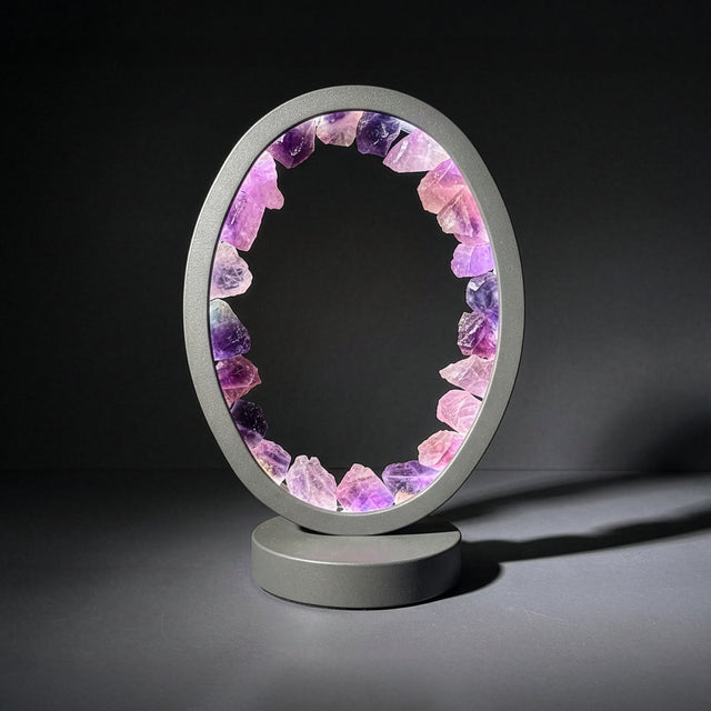 Gleneagles Purple Fluorite crystal lamp with LED lighting and grey oval frame