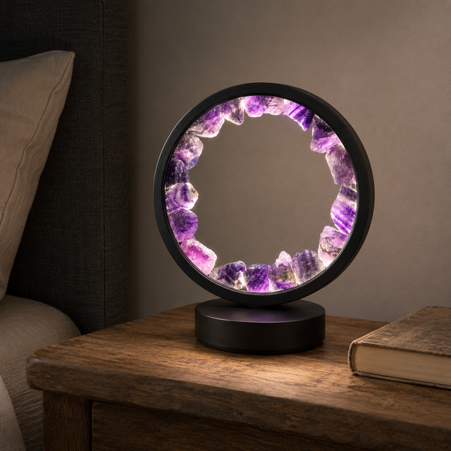 Gleneagles Purple Fluorite crystal table lamp illuminated on a bedroom side table