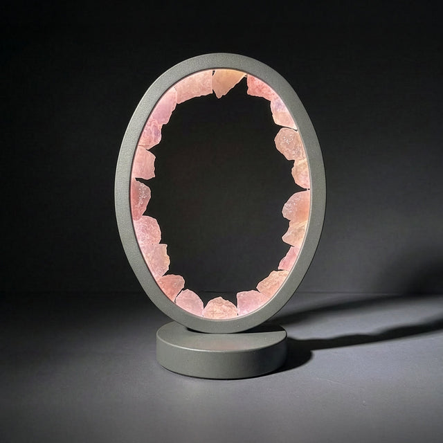 Gleneagles Rose Quartz crystal lamp with LED lighting and grey oval frame