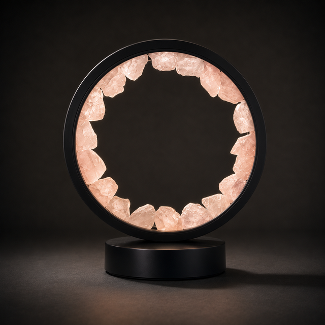 Gleneagles Rose Quartz lamp with illuminated natural crystals and black circular frame