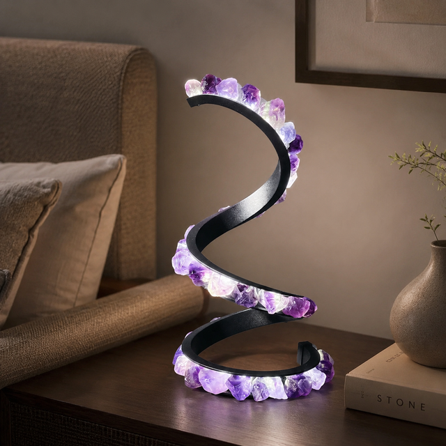 Gleneagles Spiral Earth LED Lamp featuring illuminated Purple Fluorite crystals