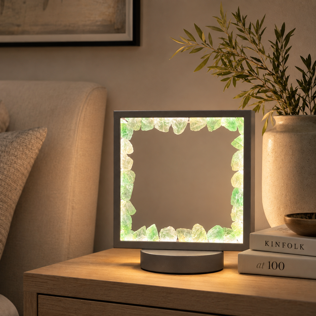 Gleneagles Square Earth LED Lamp featuring Green Fluorite crystals and grey frame