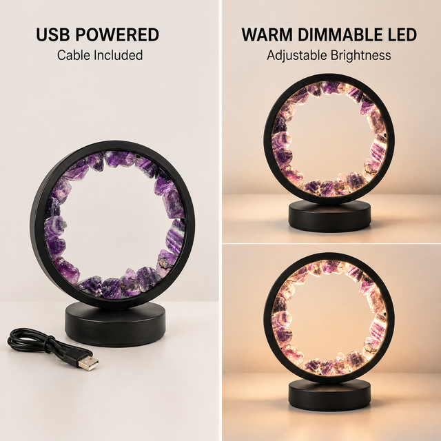 USB-powered Gleneagles Purple Fluorite LED crystal lamp with dimmable warm light