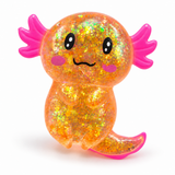 Glitter axolotl sensory squishy toy on a white background