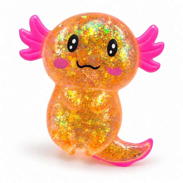 Glitter axolotl sensory squishy toy on a white background