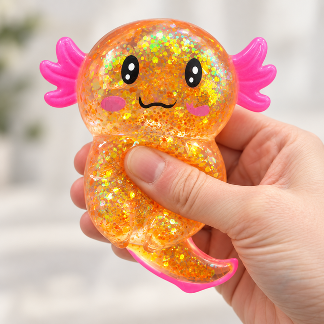 Orange glitter axolotl squishy toy being squeezed by hand