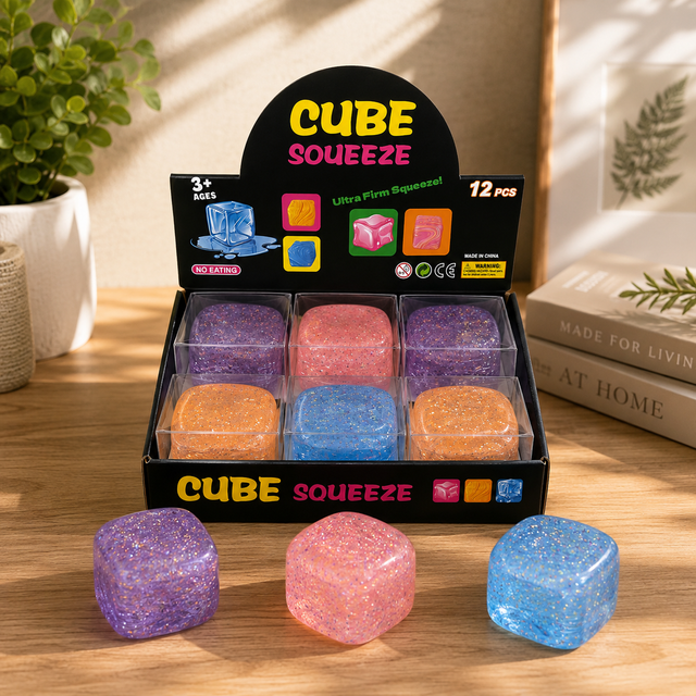 Glitter Cube Squishy Fidget Toy in assorted sparkling colours with ultra-firm squeeze
