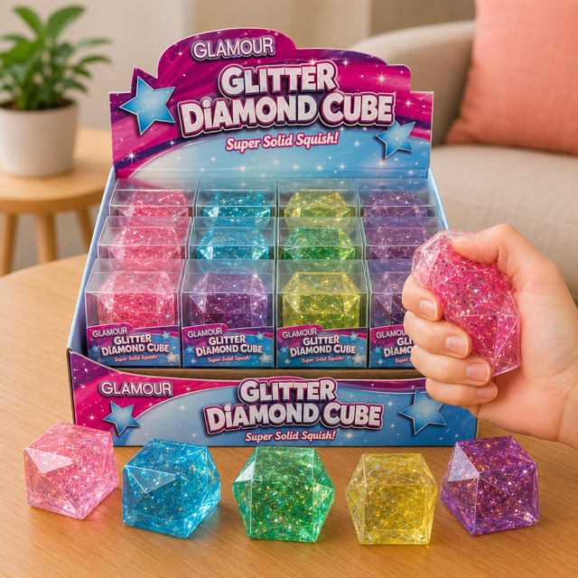 Glitter diamond cube squishy fidget toy in assorted colours for stress relief, sensory play and improved focus