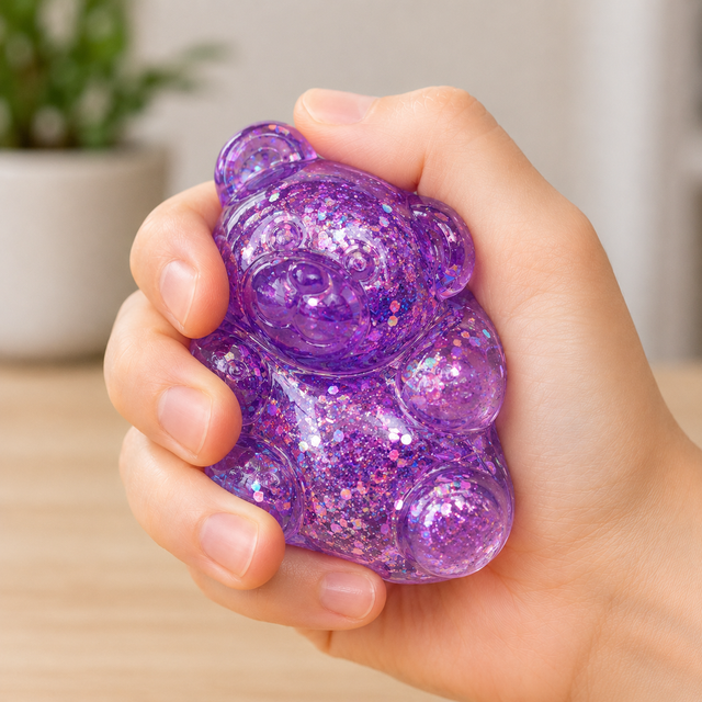Glitter gummy bear squishy fidget toy being squeezed in hand for stress relief, anxiety relief and sensory play