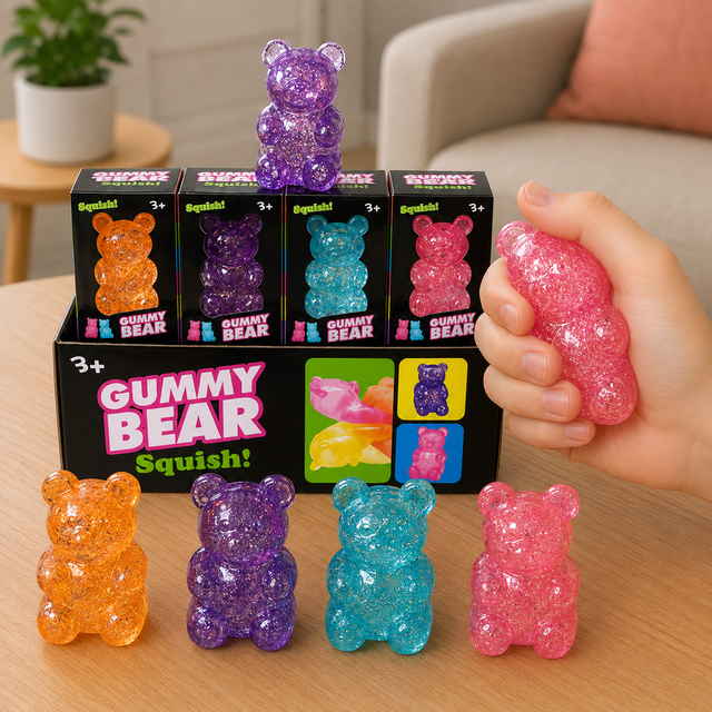 Glitter gummy bear squishy fidget toy in assorted colours for stress relief, sensory play and improved focus