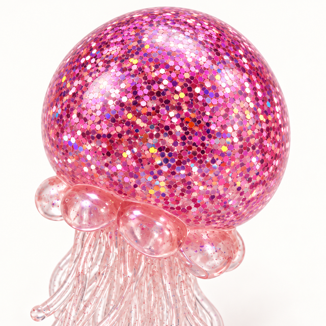 Close view of pink glitter jellyfish squishy dome and clear tentacles