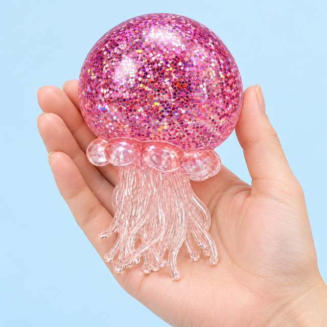 Glitter jellyfish squishy toy held in a hand to show its size