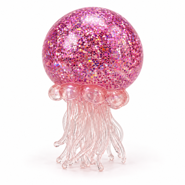 Pink glitter jellyfish sensory squishy toy with transparent tentacles