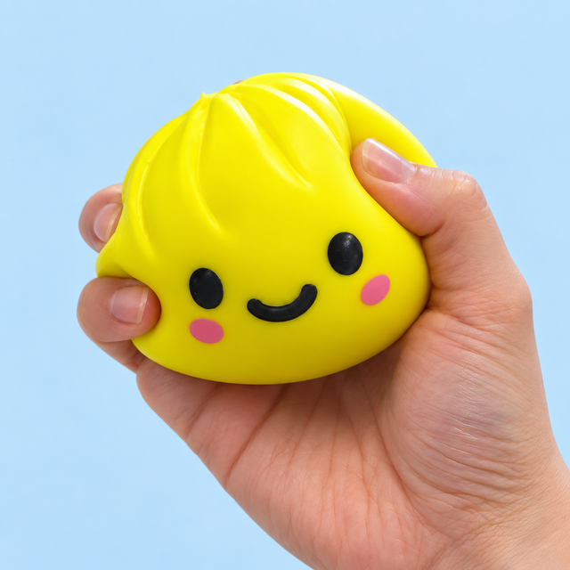 Yellow Glow Up Dumpling sensory squishy being squeezed