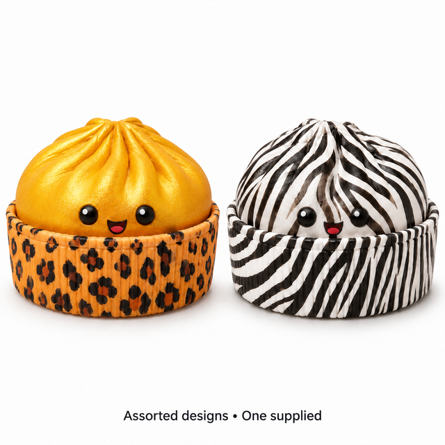 Gold dumpling in a leopard print basket and zebra print dumpling in a zebra basket; one assorted design supplied
