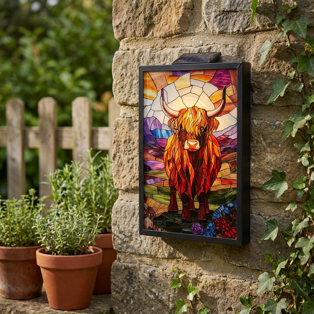 Highland cow solar garden lights golden wall art