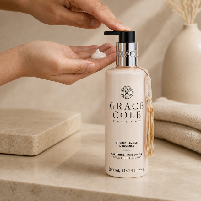 Grace Cole Softening Hand Lotion dispensed onto the hand