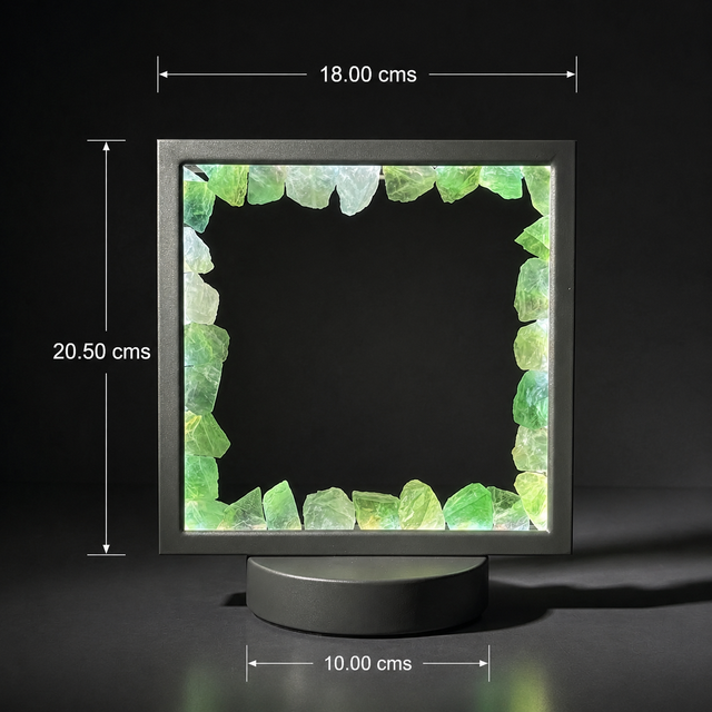 Green Fluorite crystal LED lamp illuminated within a contemporary grey square frame