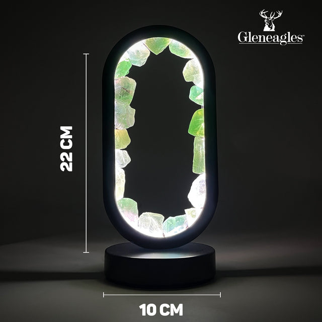 Product dimensions for Gleneagles Oval Earth LED Lamp – Green Fluorite showing height, width, and depth in centimetres.