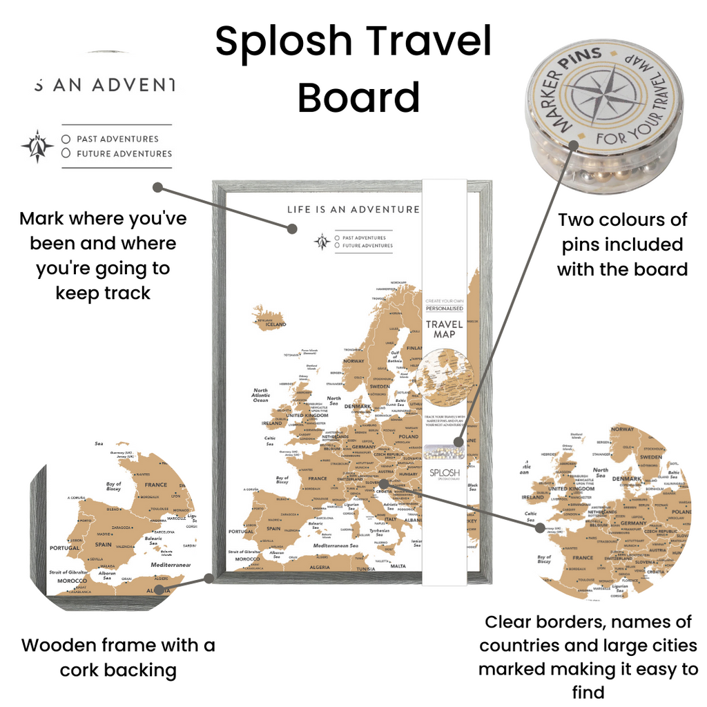 Grey Europe Travel Map Cork Board | Splosh Push Pin Travel Map