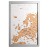 Grey Europe travel map cork board with push pins by Splosh for tracking travel adventures across Europe
