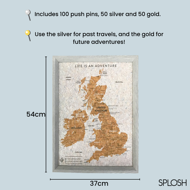 Framed UK and Ireland cork board travel map wall display