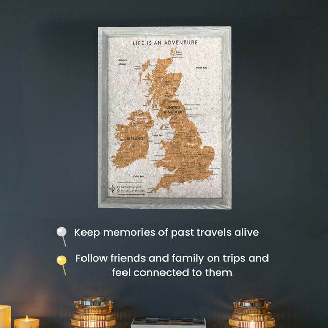 UK and Ireland travel map cork board with metallic pins included